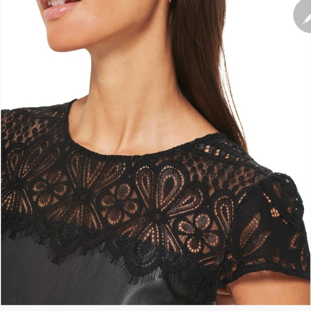 Kensie Dresses Lace Cap Sleeve Faux Black Leather Evening Plus Size Dress 16 - Picture 2 of 8